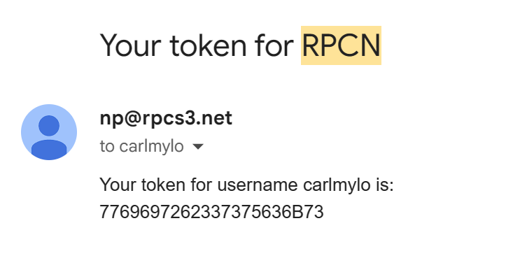 A screenshot of an email labeled "Your Token for RPCN" with a token below what username it's for