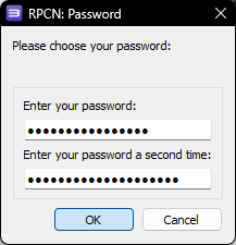 A screenshot of RPCS3's RPCN: Password menu with an obscured password set (twice for verification) and "OK" highlighted