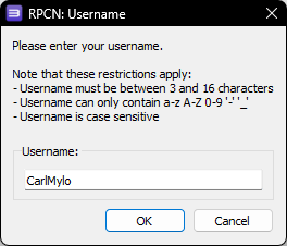 A screenshot of RPCS3's RPCN: Username menu with a username set and "OK" highlighted