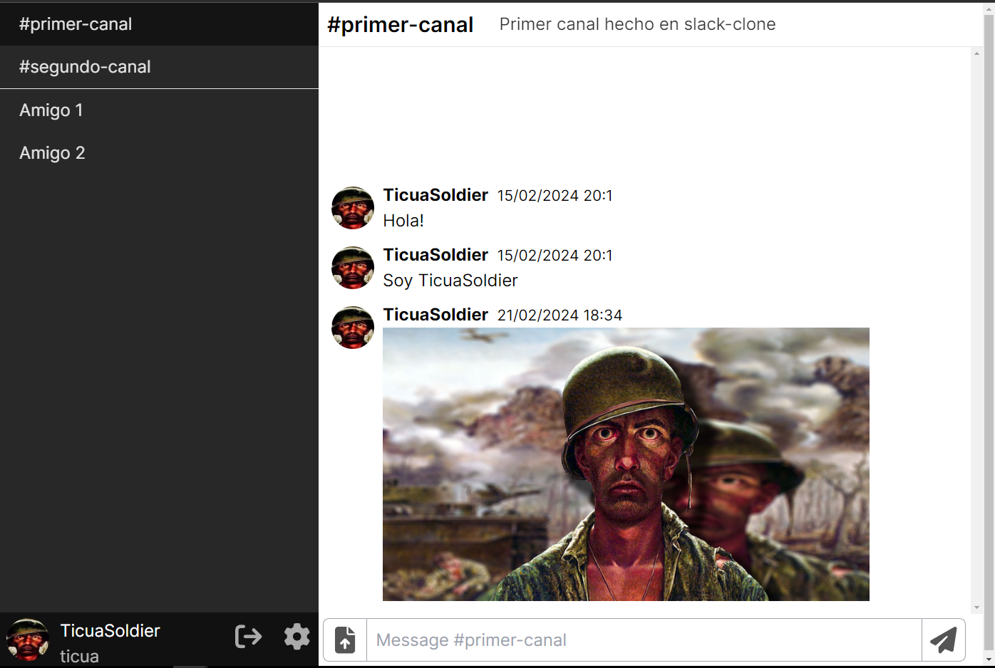 Image containing main page, user TicuaSoldier is chatting on channel #primer-canal