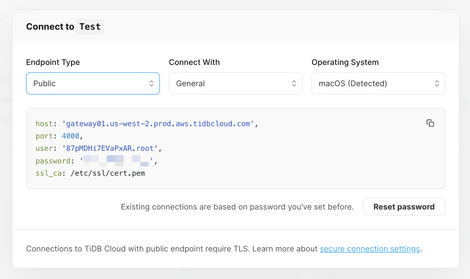 The connection dialog of TiDB Serverless