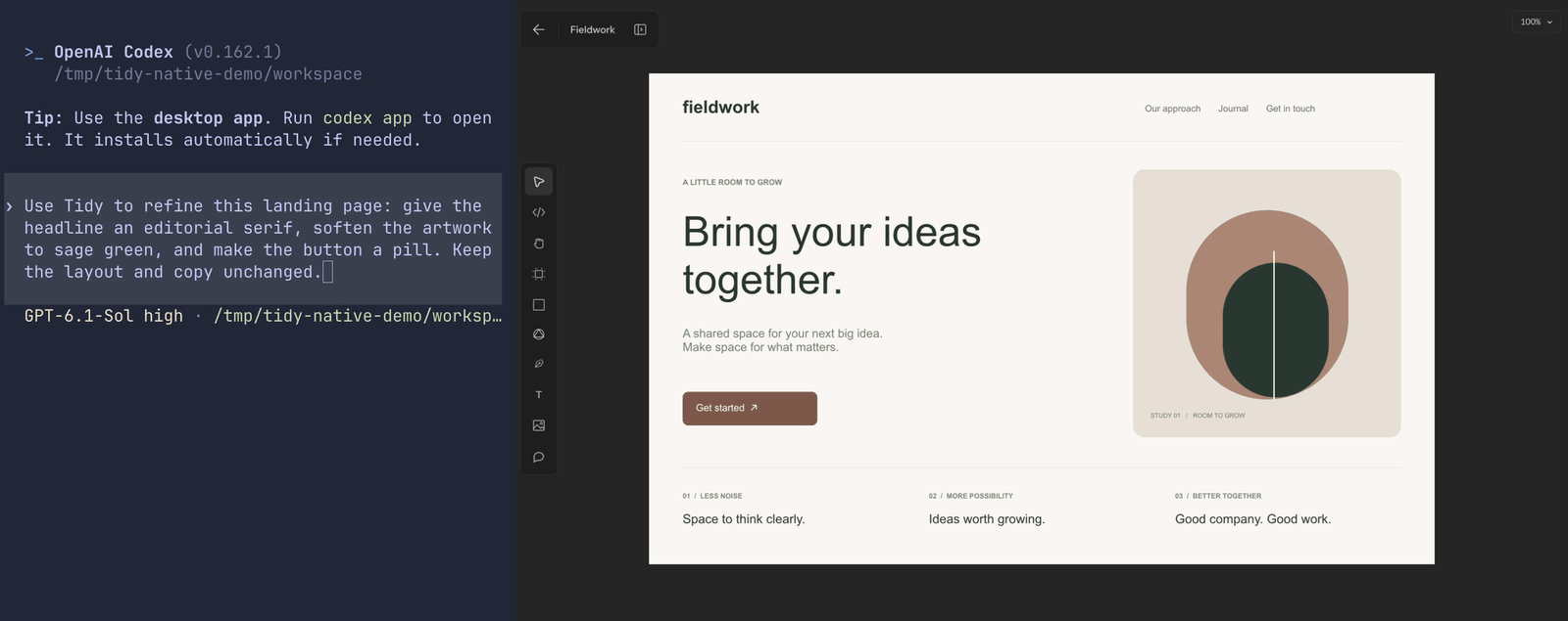 Codex in Ghostty edits a landing page alongside Tidy’s live teammate cursor
