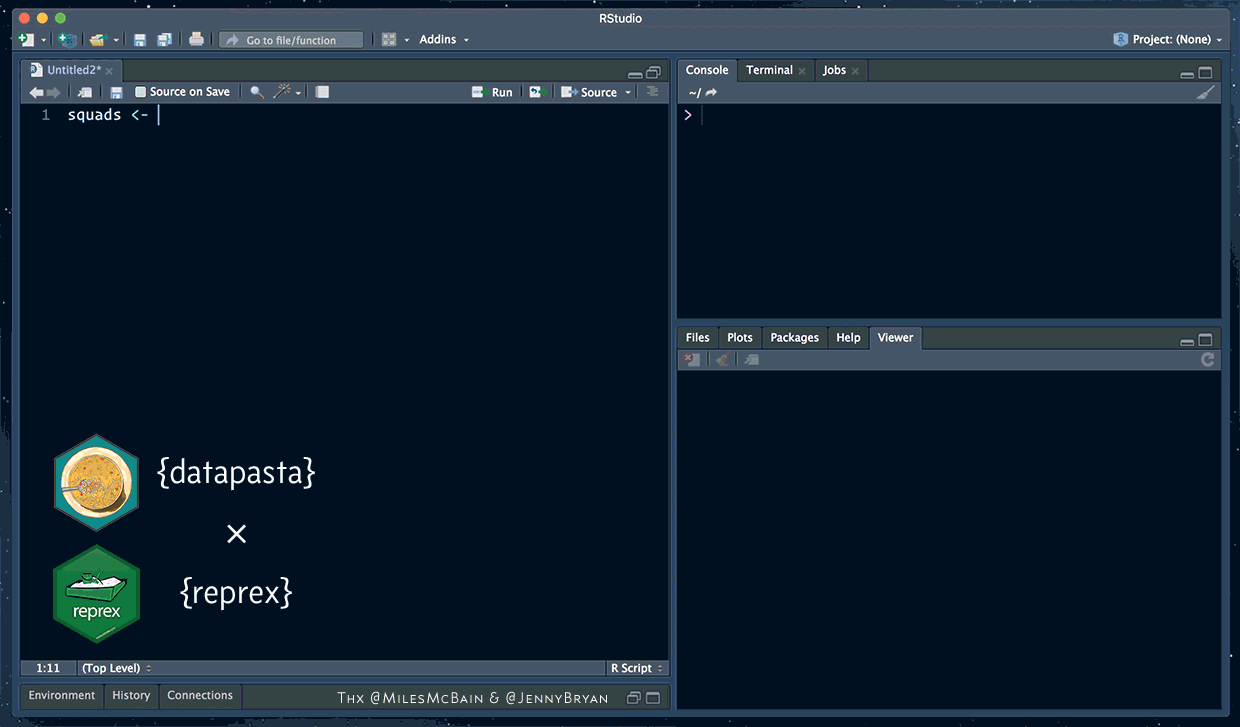 Gif of using datapasta::tribble_paste() to get data from a spreadsheet as R code for use in a reprex