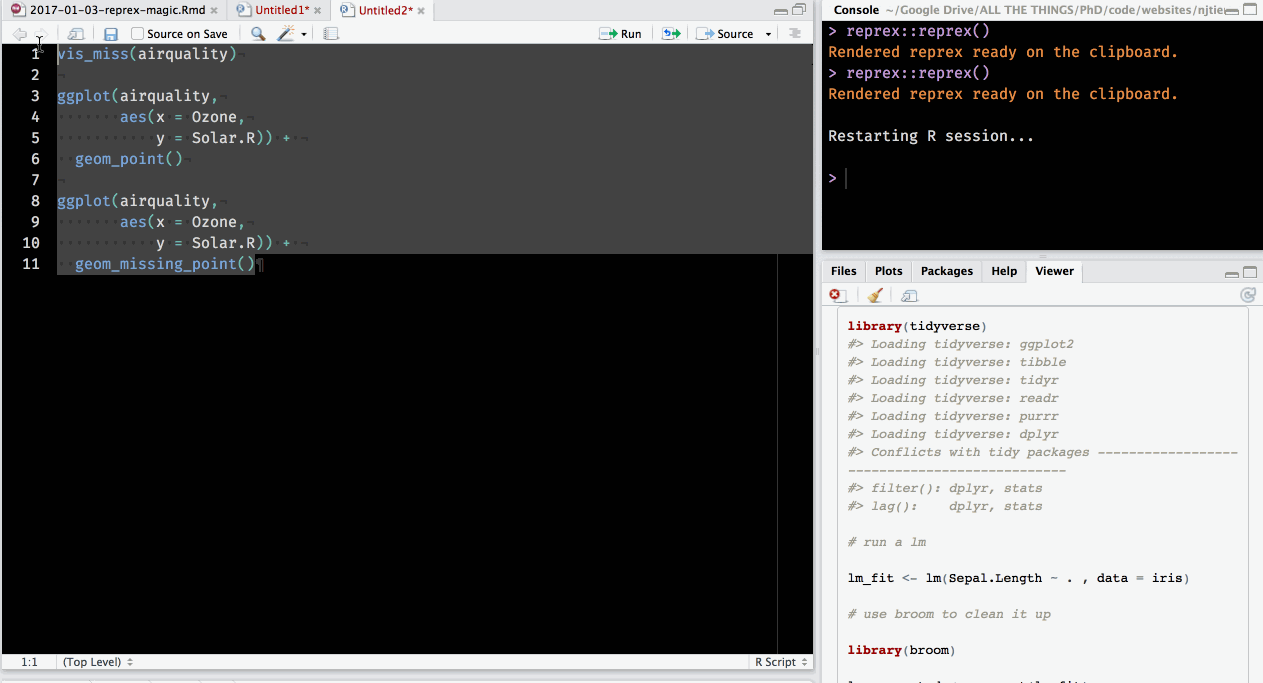 Gif of reprex copying code, running reprex, and demonstrating the html preview of the code text