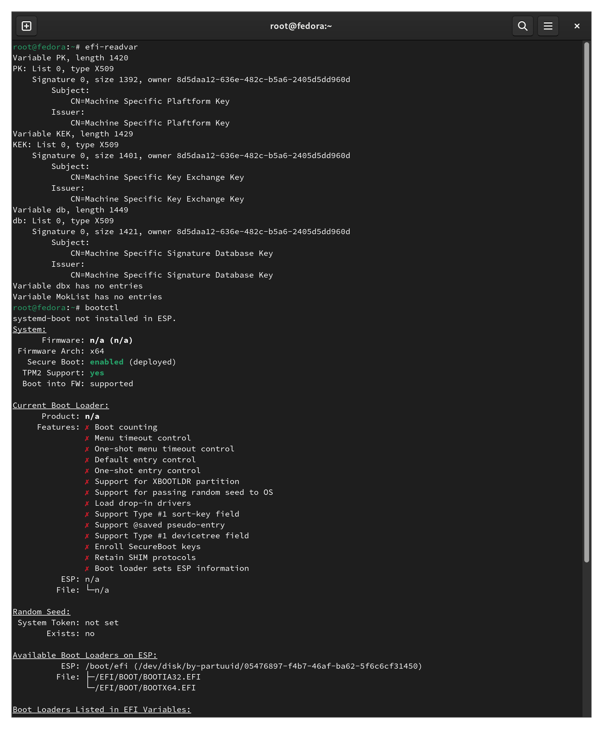 efi-readvar and bootctl showing custom key status