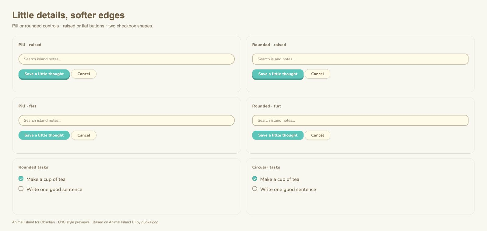 Inputs, buttons & tasks — Animal Island Cozy for Obsidian