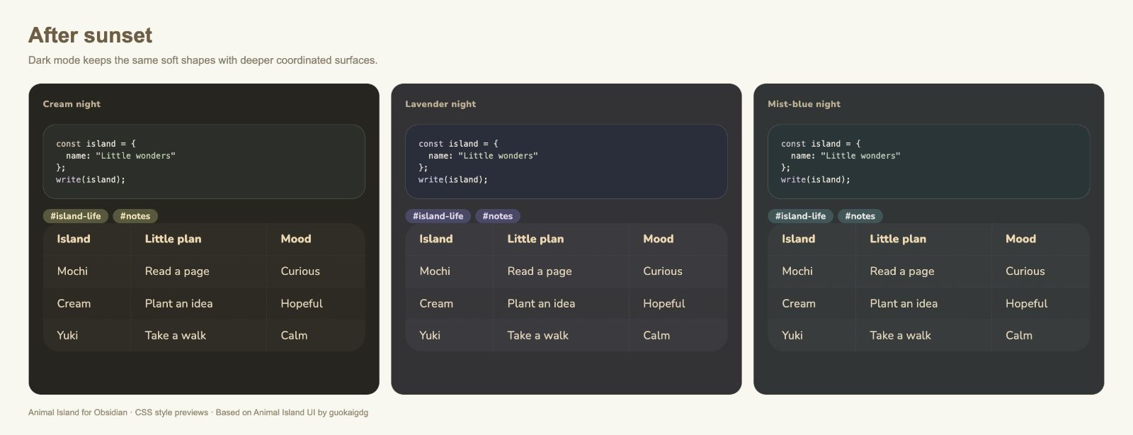 Dark mode — Animal Island Cozy for Obsidian