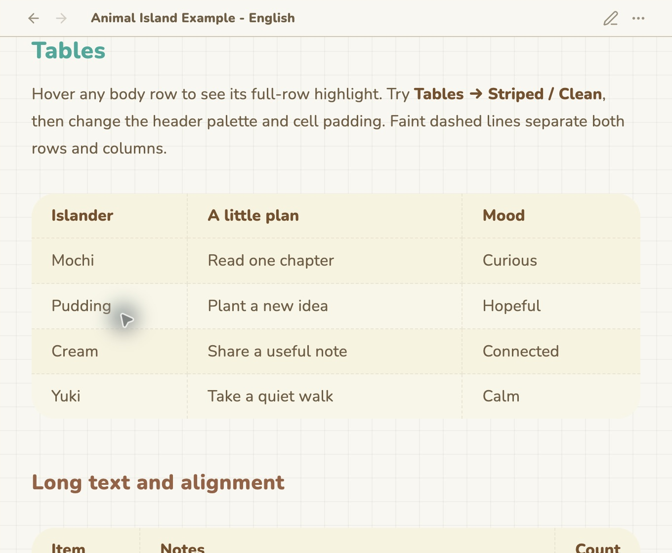 English Markdown table