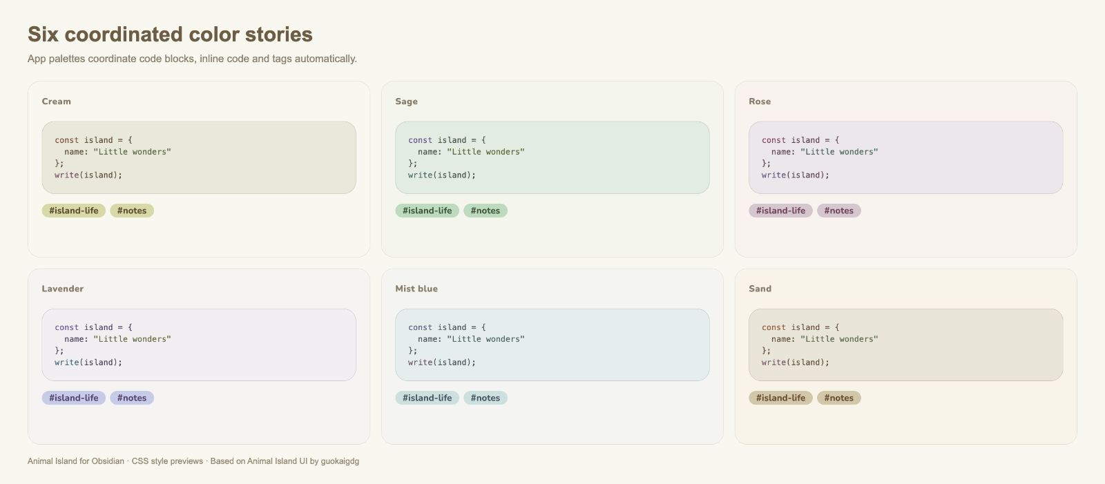 App palettes, code & tags — Animal Island Cozy for Obsidian