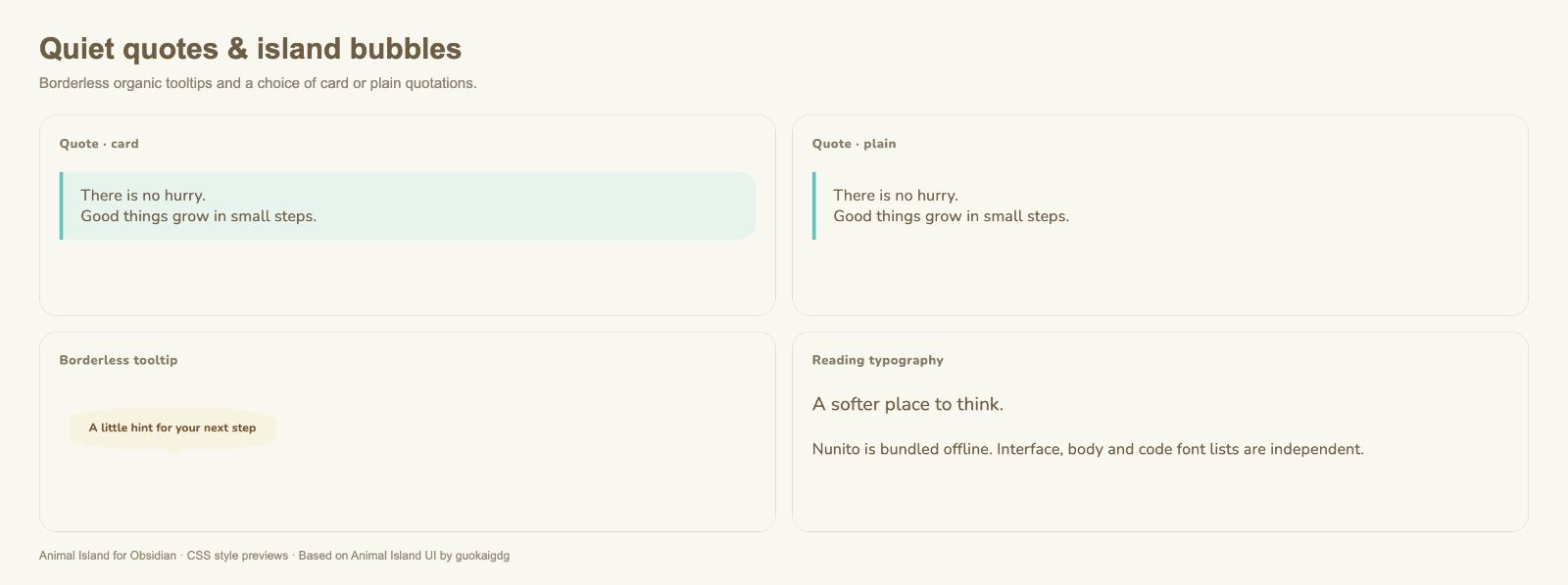 Quotes, tooltips & typography — Animal Island Cozy for Obsidian