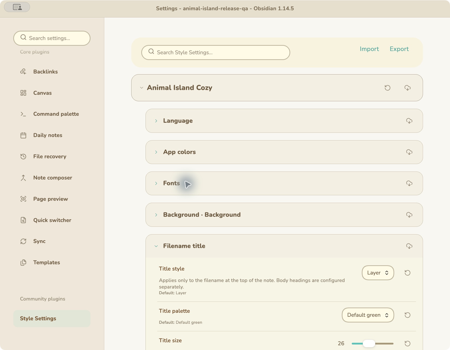 Style Settings in Obsidian: Animal Island Cozy categories and filename title controls