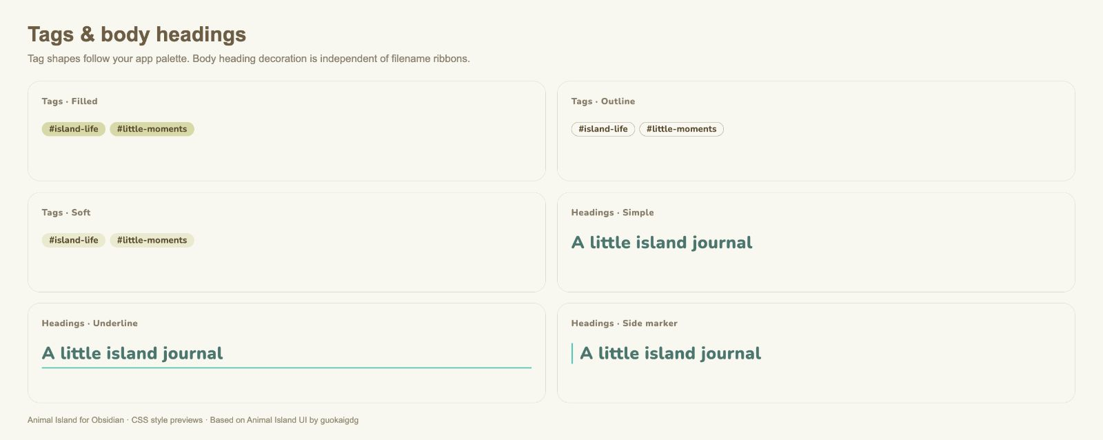 Tag shapes & body headings — Animal Island Cozy for Obsidian