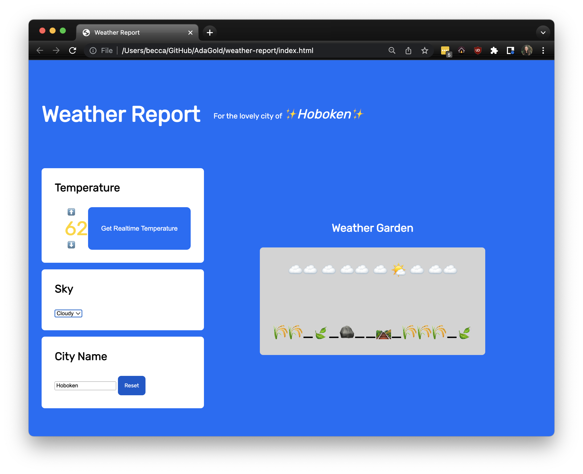 Example weather app: The temperature reads 62, in yellow text. The selected dropdown for "Sky" is "Cloudy." There is a depiction of cloudy weather. The city name is "Hoboken." The header reads "Hoboken."