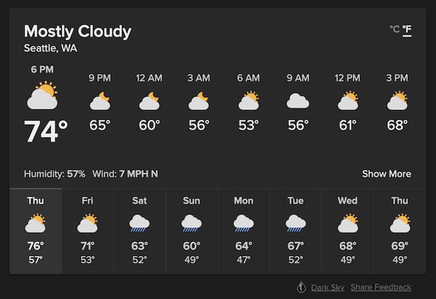 DuckDuckGo's weather modal, which features city name, temperature reading, and the weather. Some icons show sunny weather, some icons show rainy weather, and some show cloudy weather.