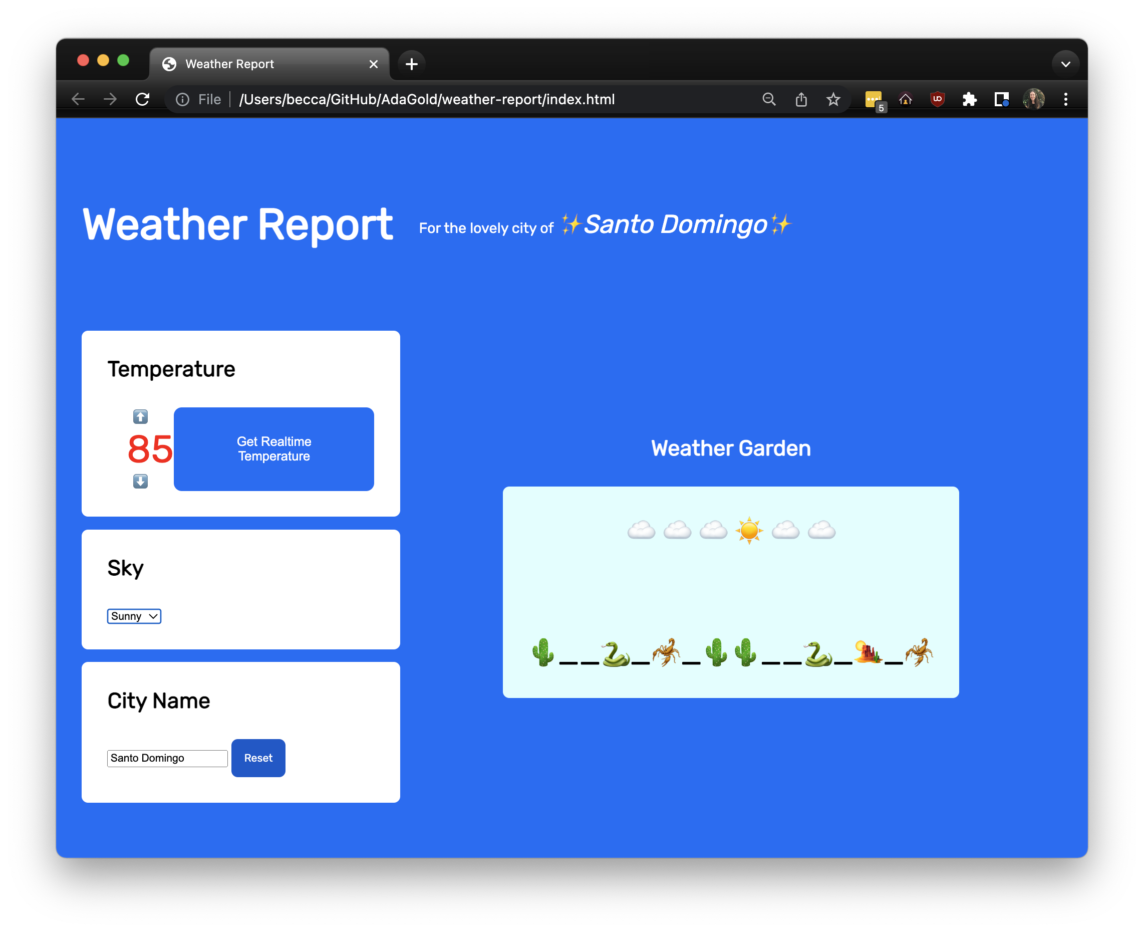 Example weather app: The temperature reads 85, in red text. The selected dropdown for "Sky" is "Sunny." There is a depiction of sunny weather. The city name is "Santo Domingo" The header reads "Santo Domingo."