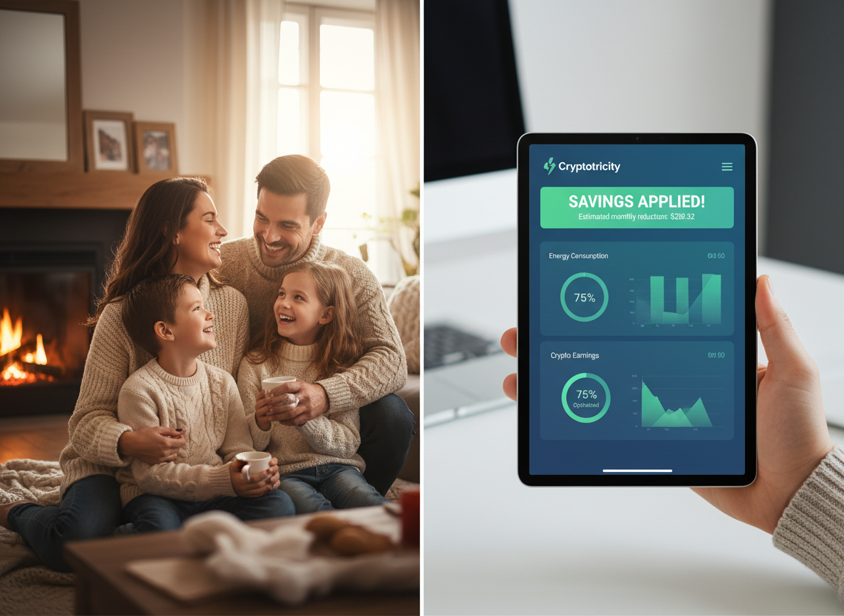 Family in a warm home — Cryptotricity Lifeline, MEES compliance and DSR participation in one platform