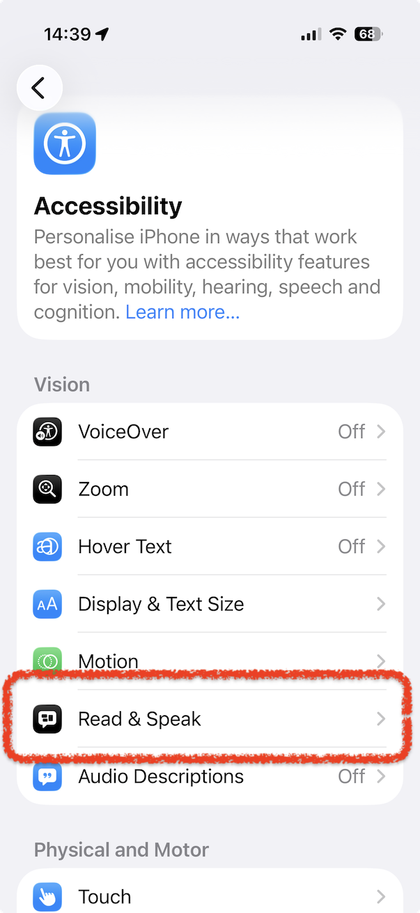 iPhone Accessibility settings with Read & Speak highlighted
