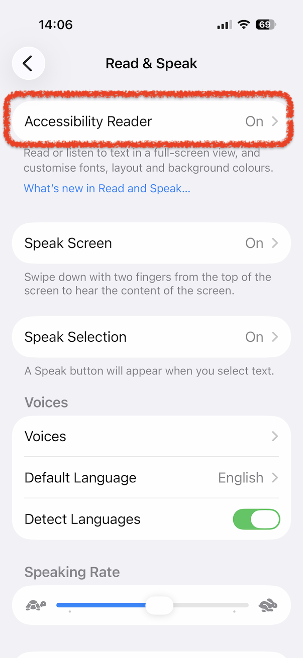 Read & Speak settings with Accessibility Reader highlighted