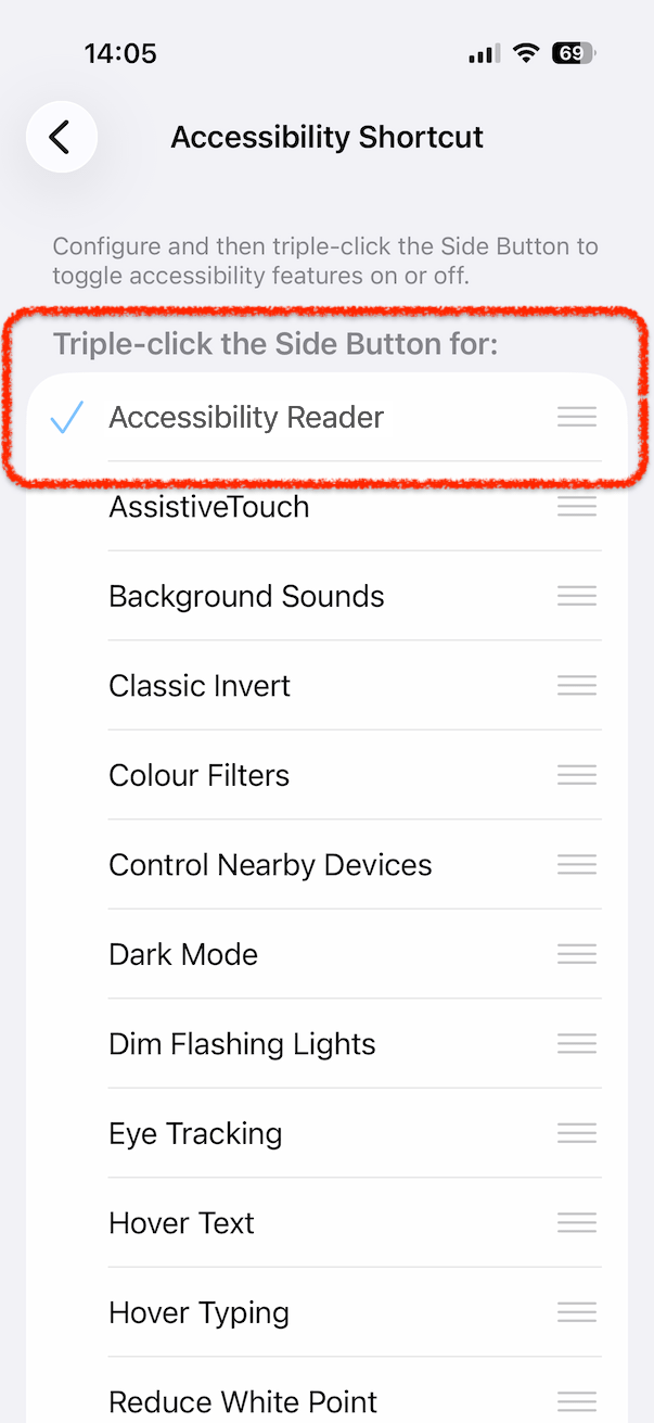 Accessibility Reader selected for the accessibility shortcut
