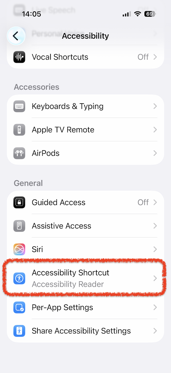 Accessibility settings with Accessibility Shortcut highlighted