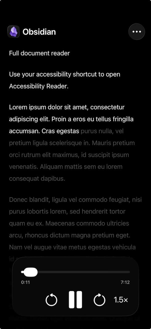 Accessibility Reader reading an Obsidian note aloud, with playback active and the pause control visible
