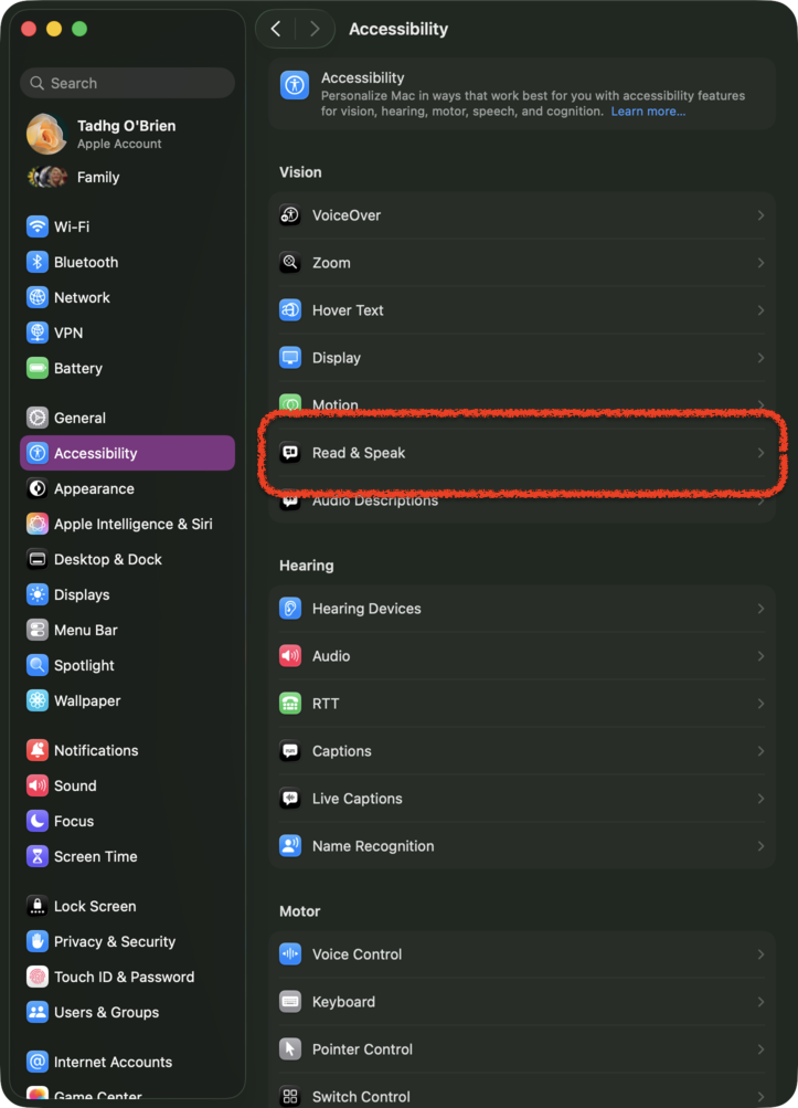 macOS Accessibility settings with Read & Speak highlighted
