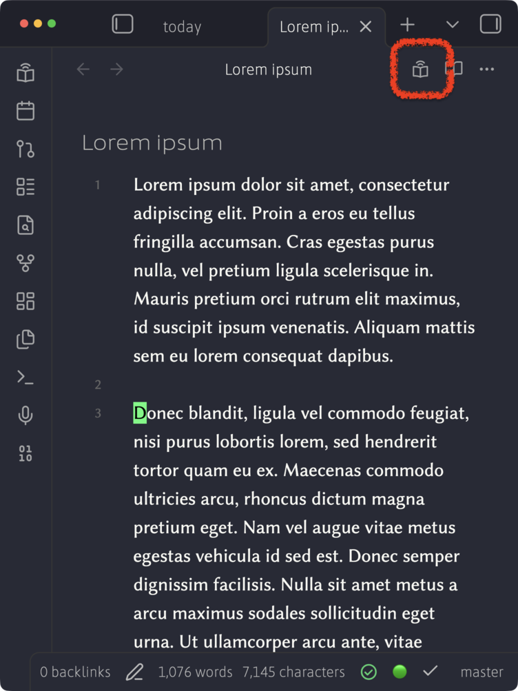 Obsidian note toolbar with the plugin button highlighted beside the edit and preview controls