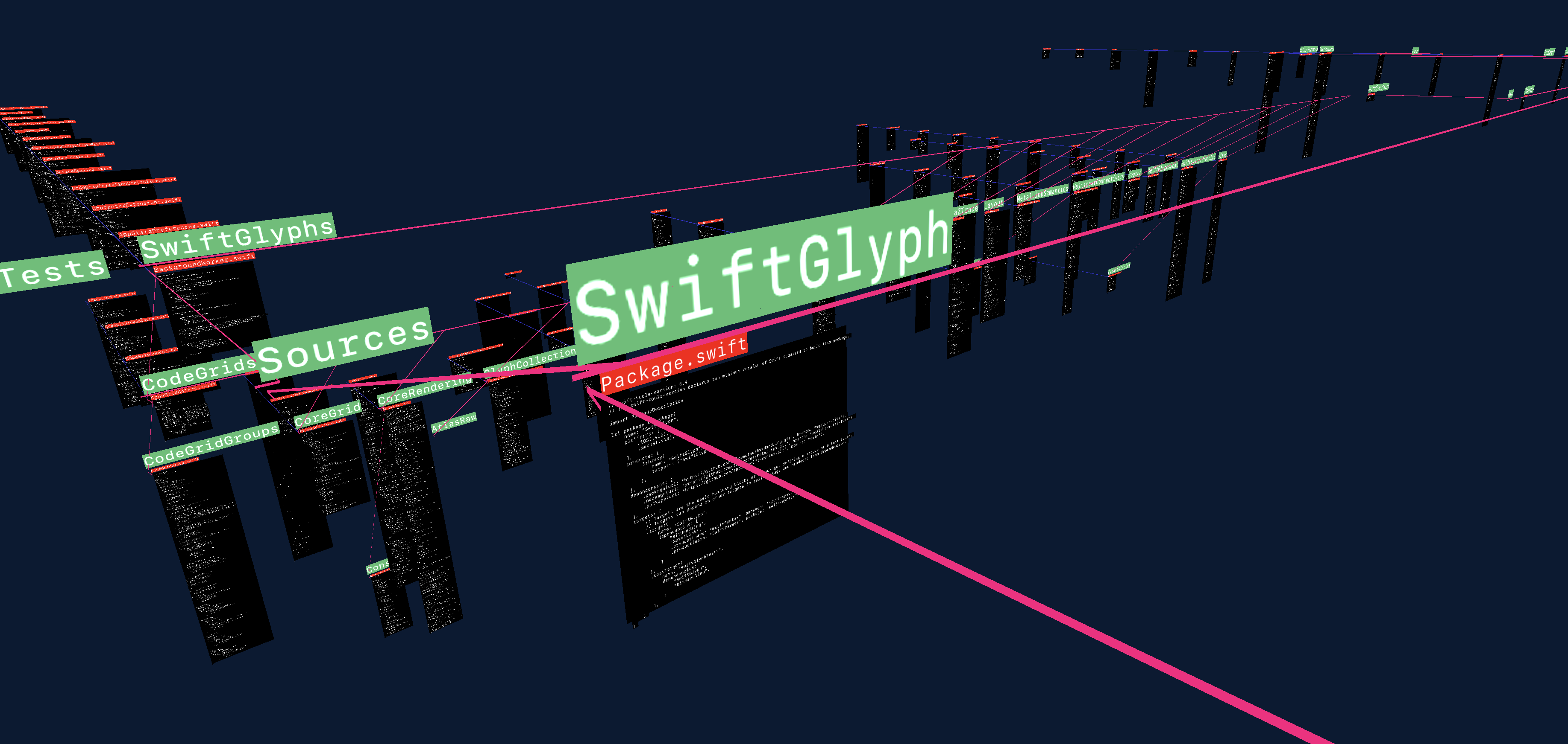 An isometric view of SwiftGlyph rendered in 3D