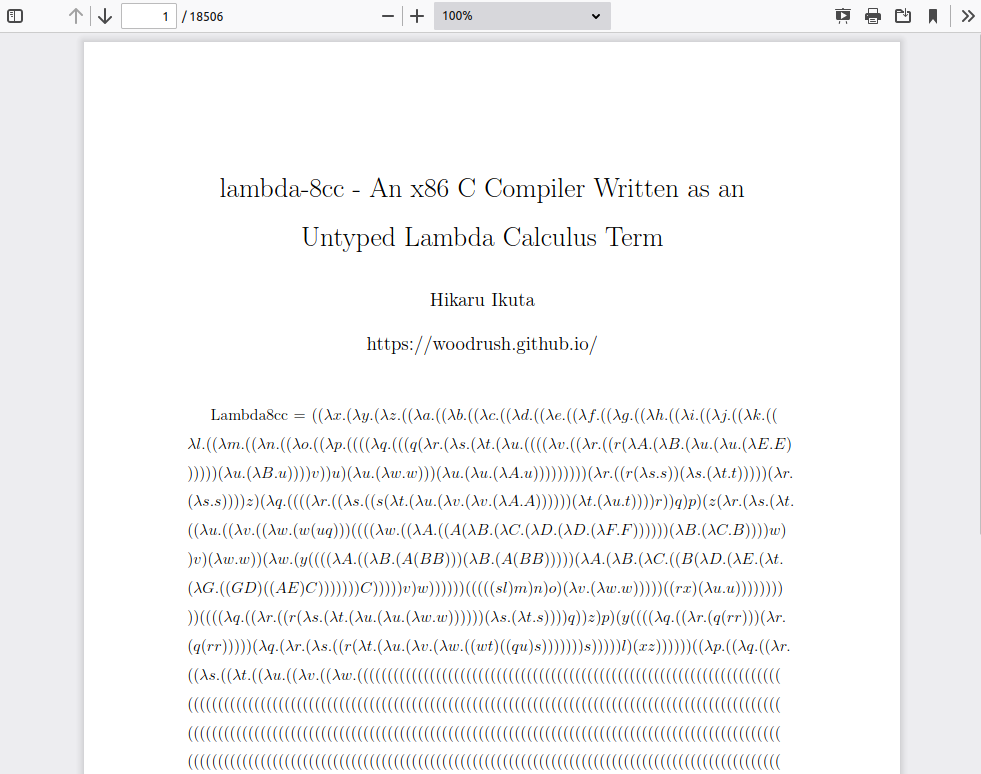 The first page of a PDF showing lambda-8cc's lambda term