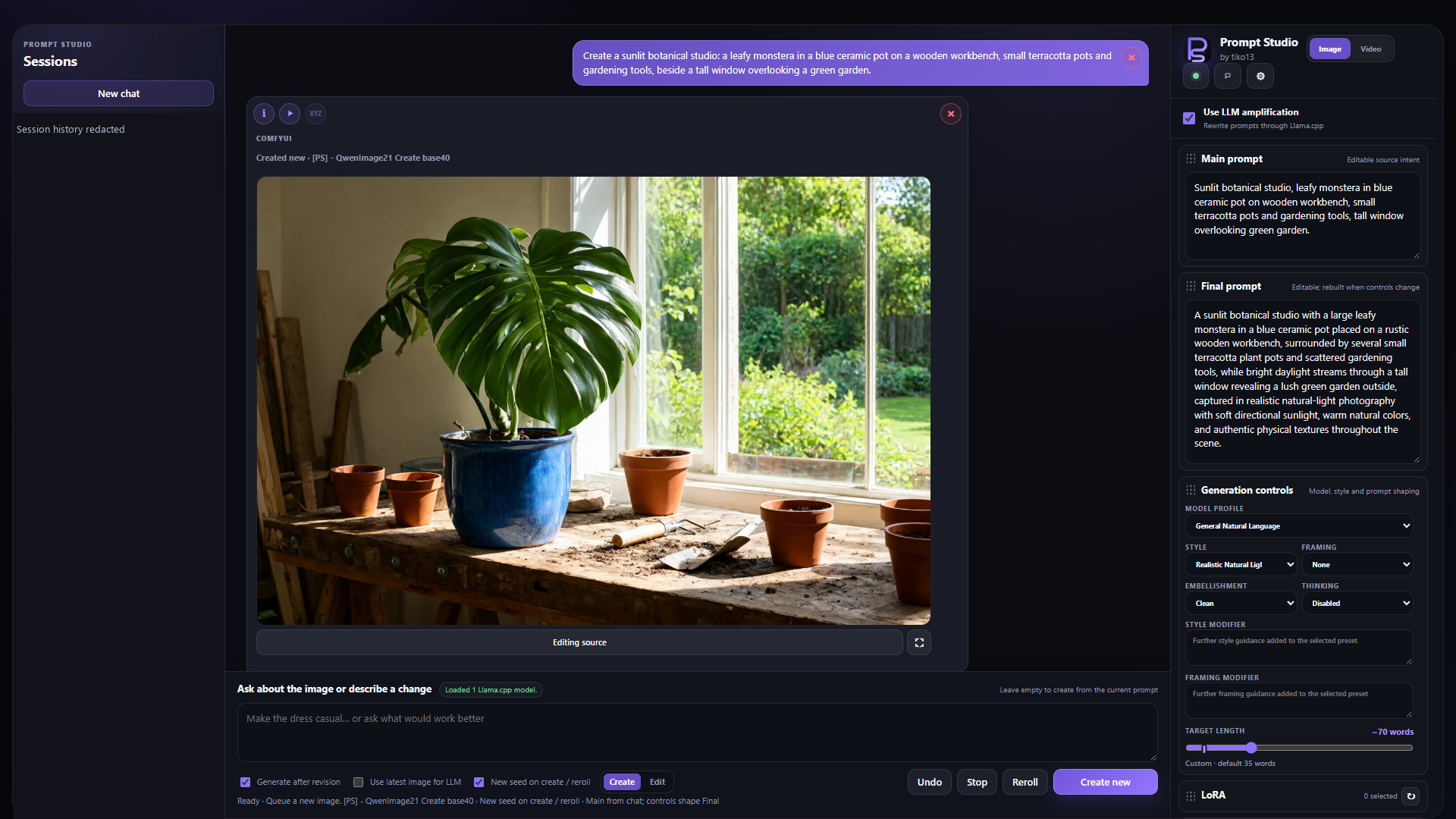 Prompt Studio with a generated botanical studio scene, chat, and editable Main and Final prompts