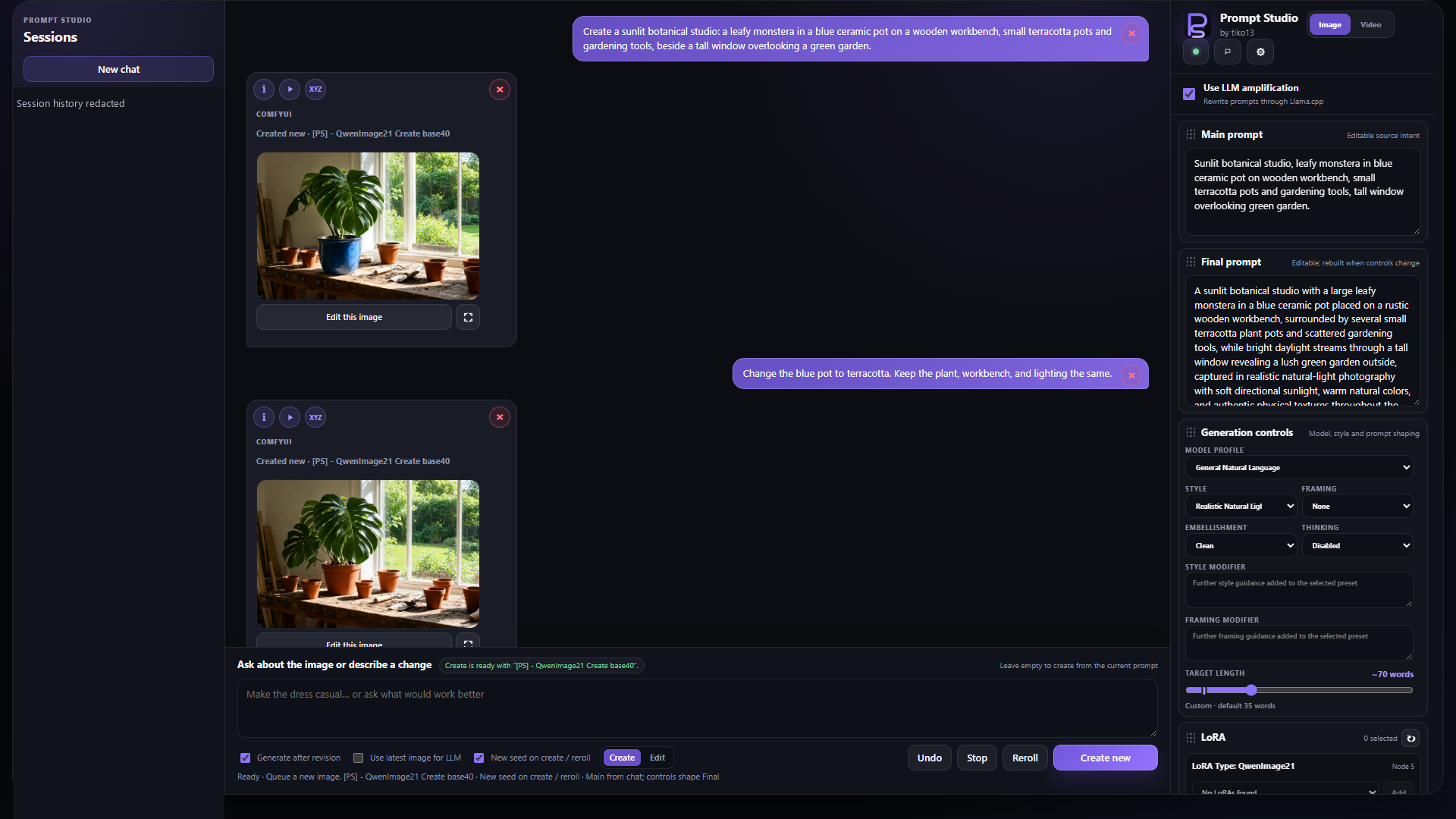 A chat request changes the generated plant pot from blue to terracotta