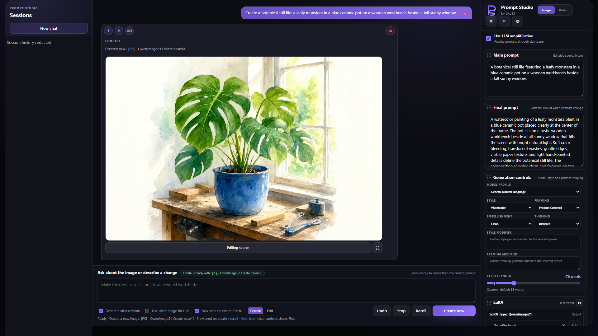 Generated watercolor botanical scene with style and framing controls
