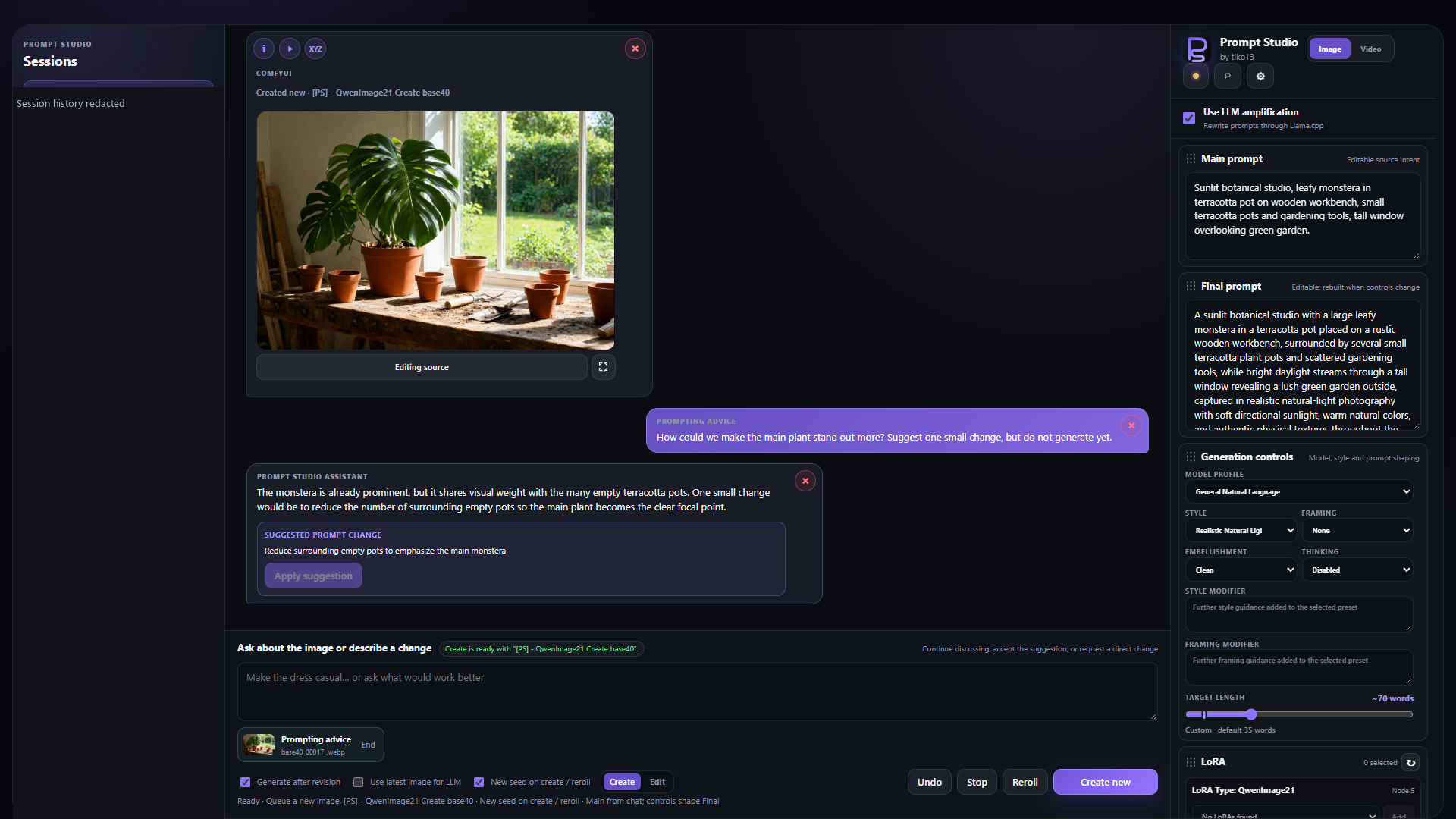 An assistant discusses the generated image and offers a focused prompt change