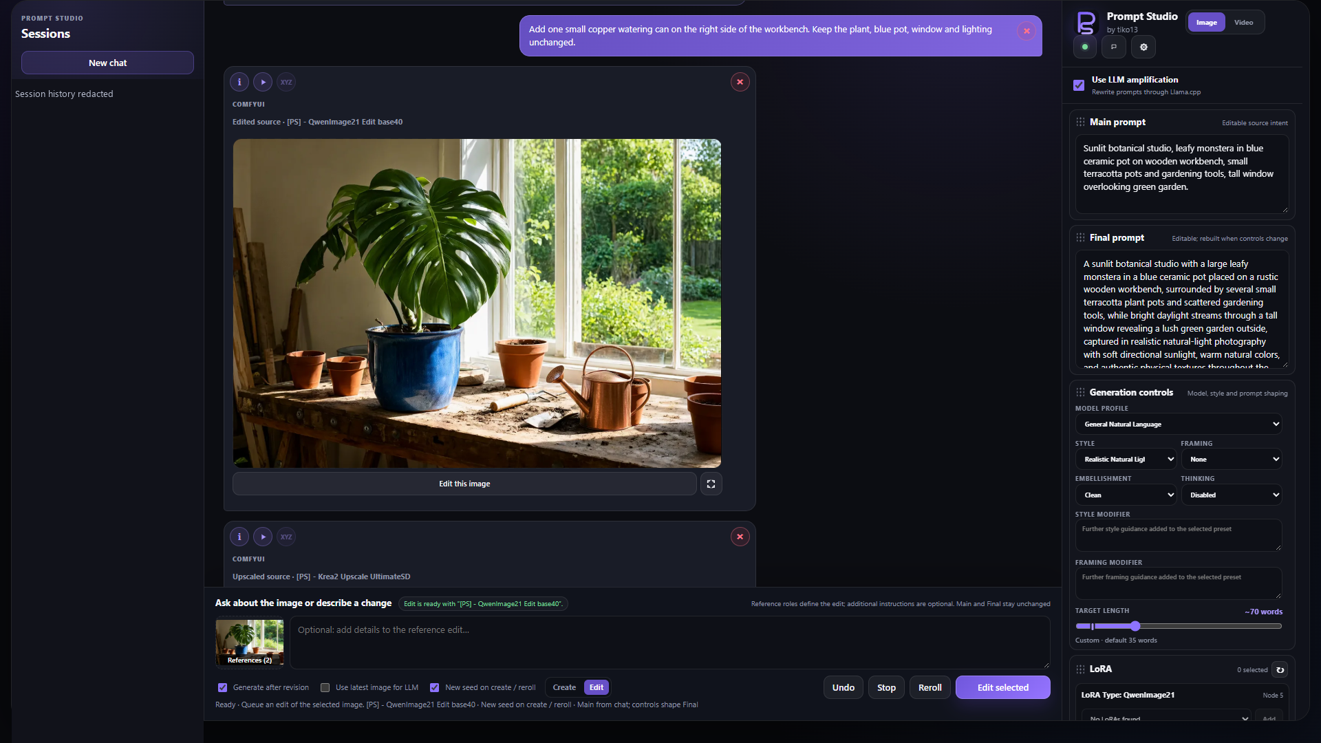 A generated edit adds a copper watering can to the botanical scene