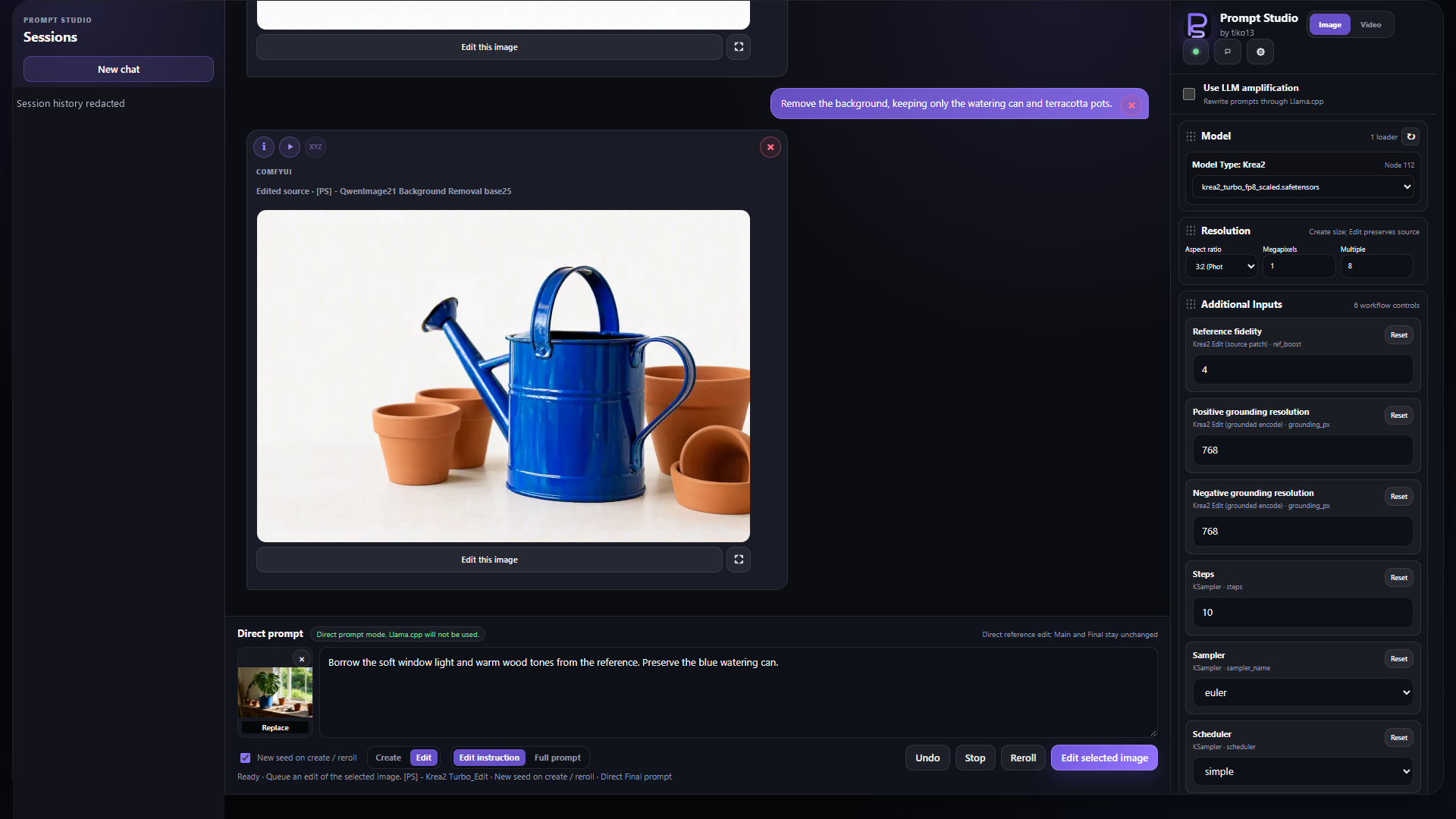 A watering-can source image with an optional botanical reference and Krea edit controls
