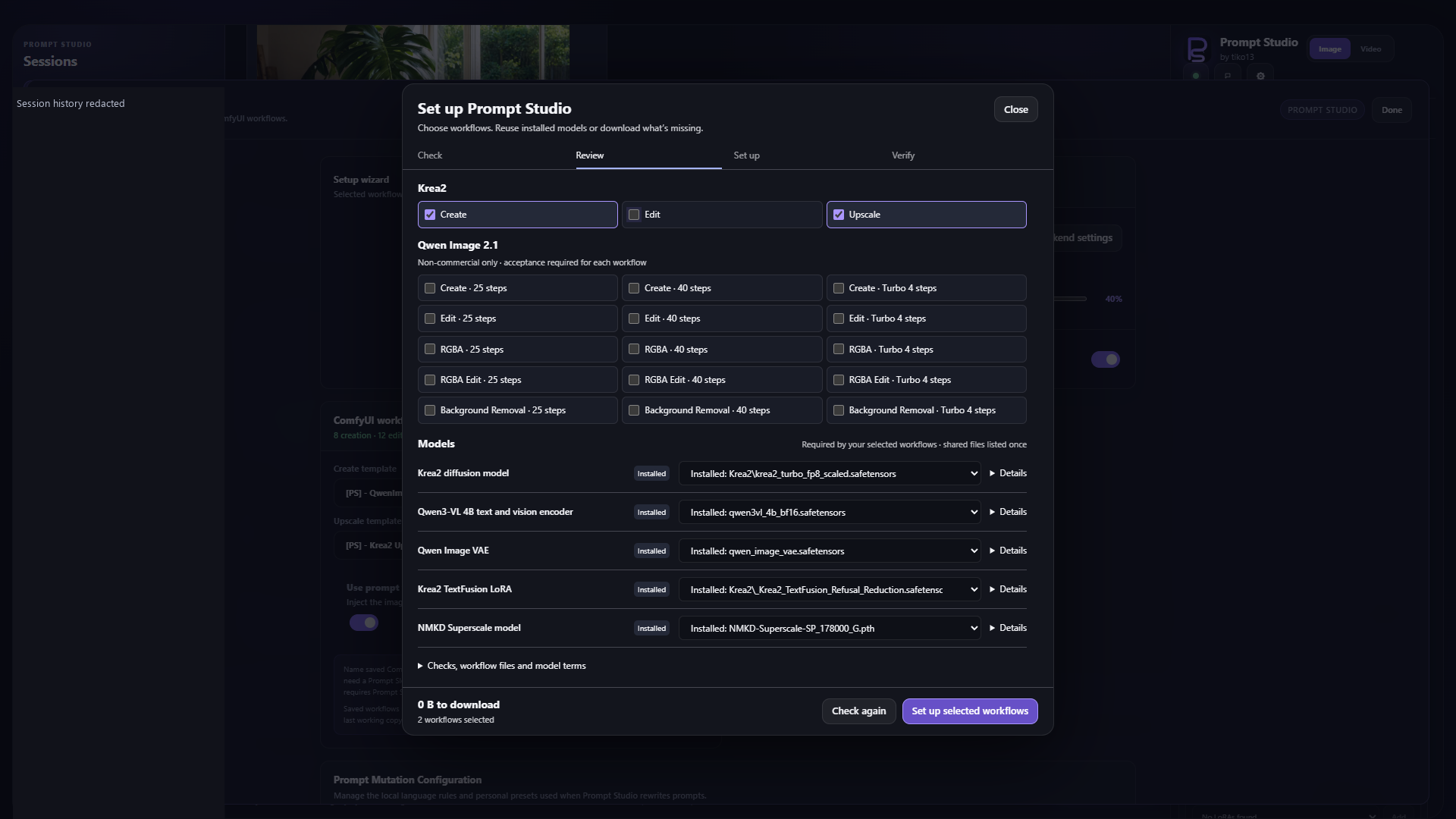 Setup wizard with workflow families and installed model choices
