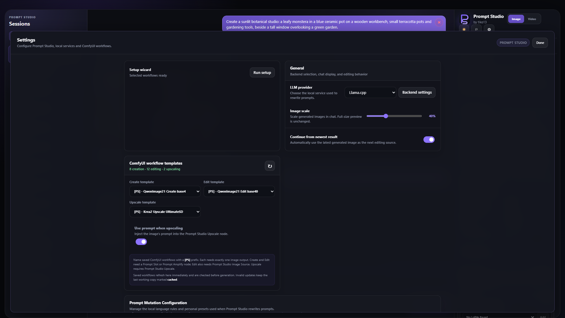 Settings with separate creation, editing and upscaling workflow selectors