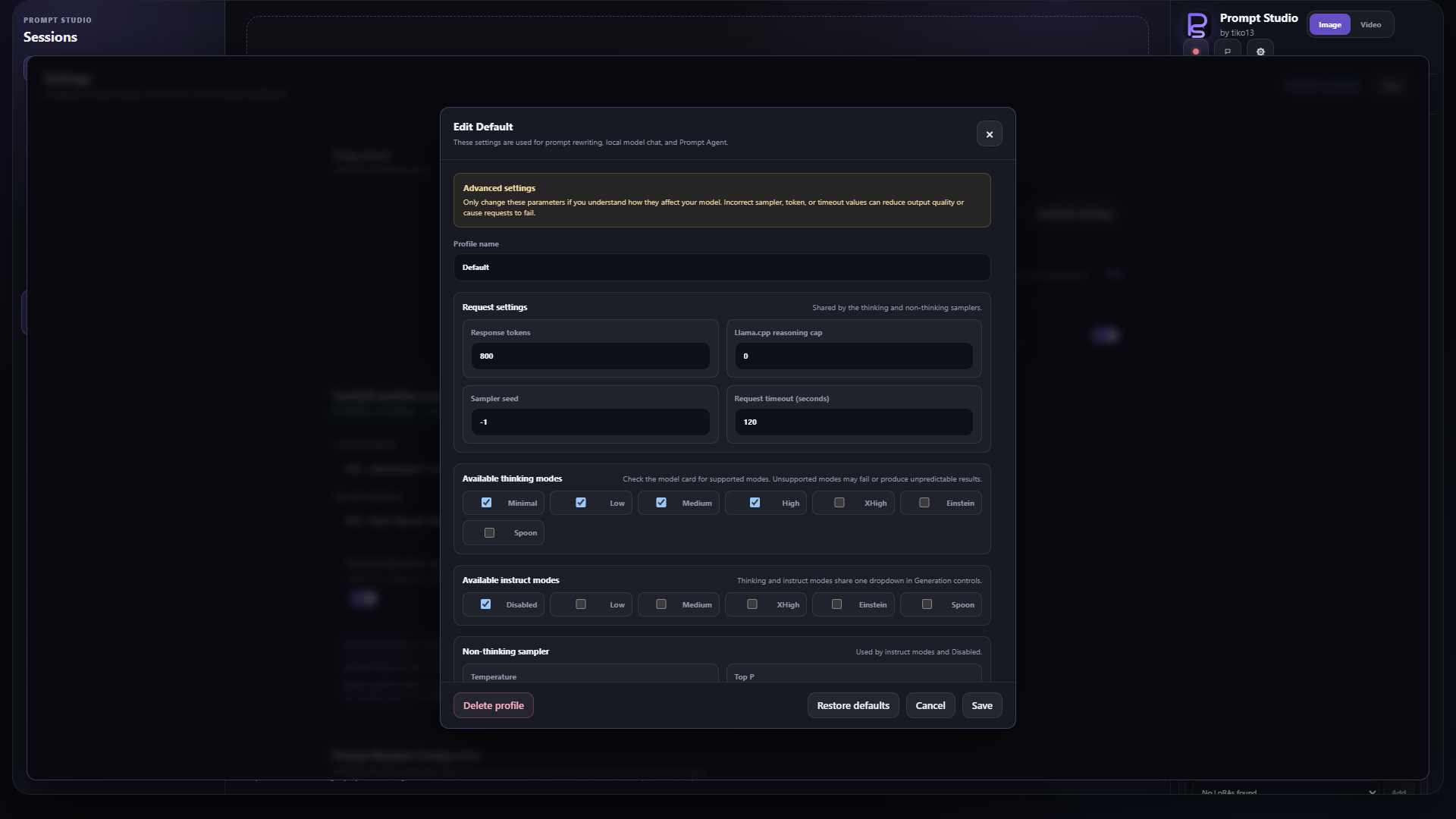 LLM profile editor with request limits, thinking modes and sampler controls