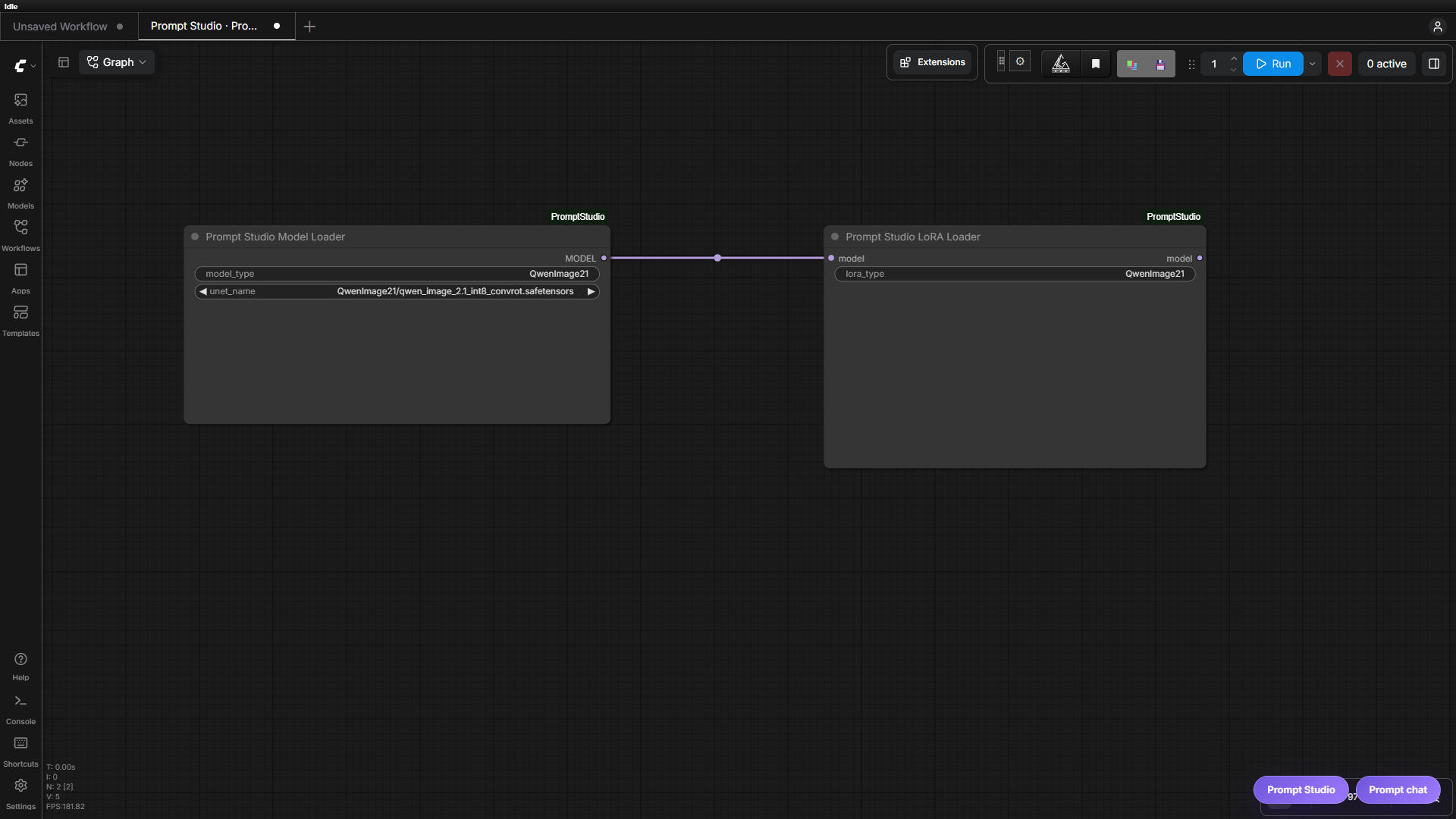 Prompt Studio Model Loader connected to a LoRA Loader