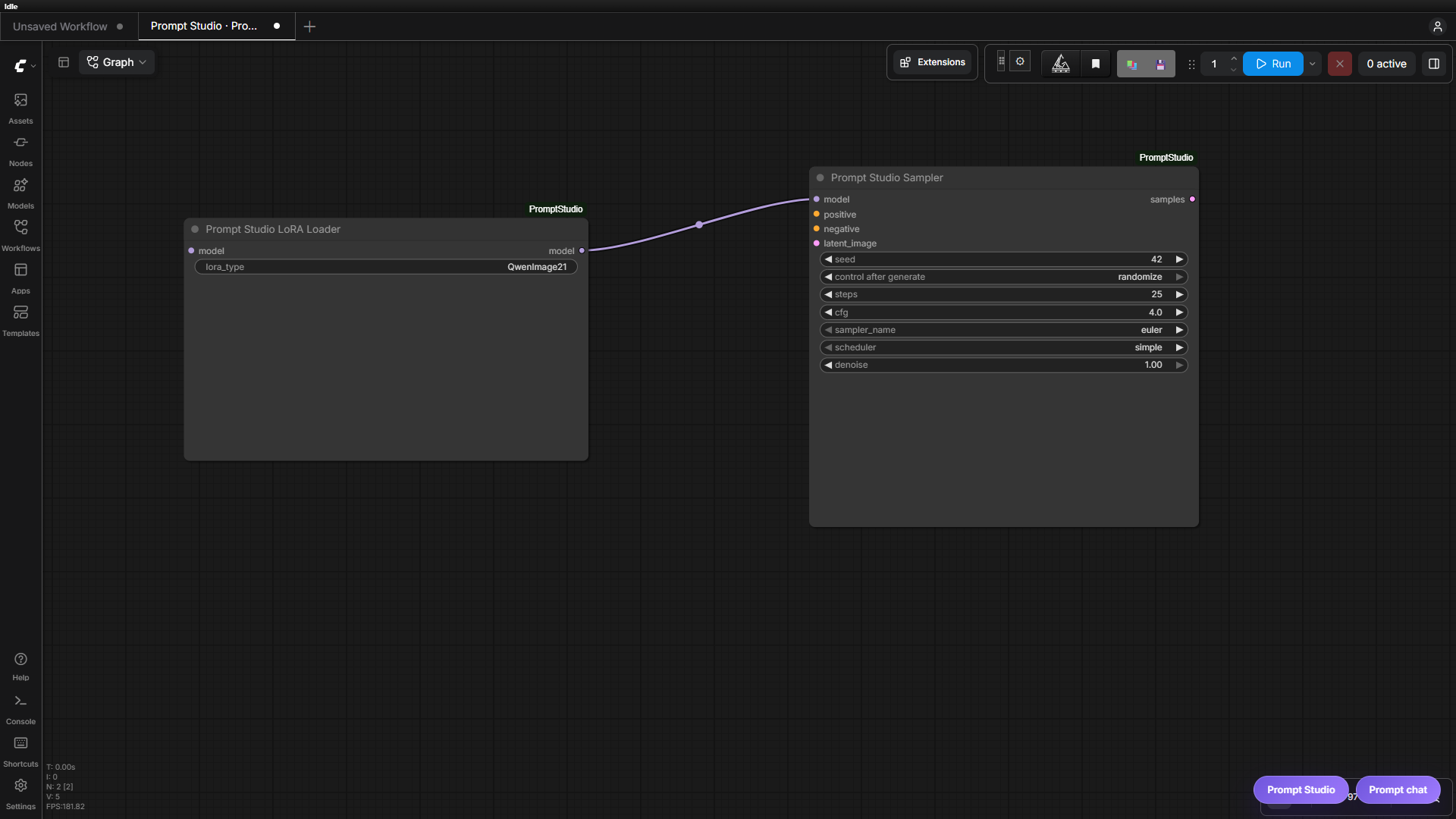 Prompt Studio LoRA Loader connected to the model input of the sampler