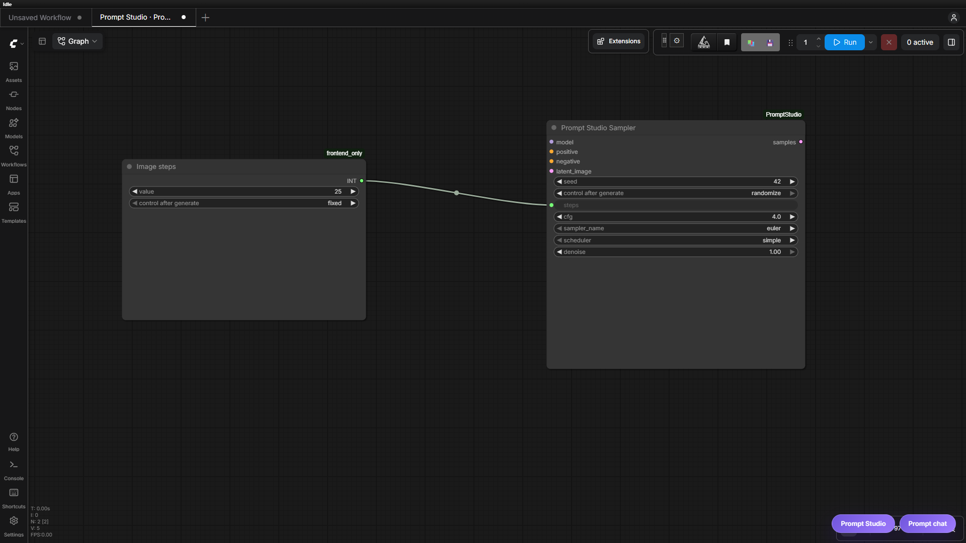 A Prompt Studio Input titled Image steps feeds 25 into the sampler steps input
