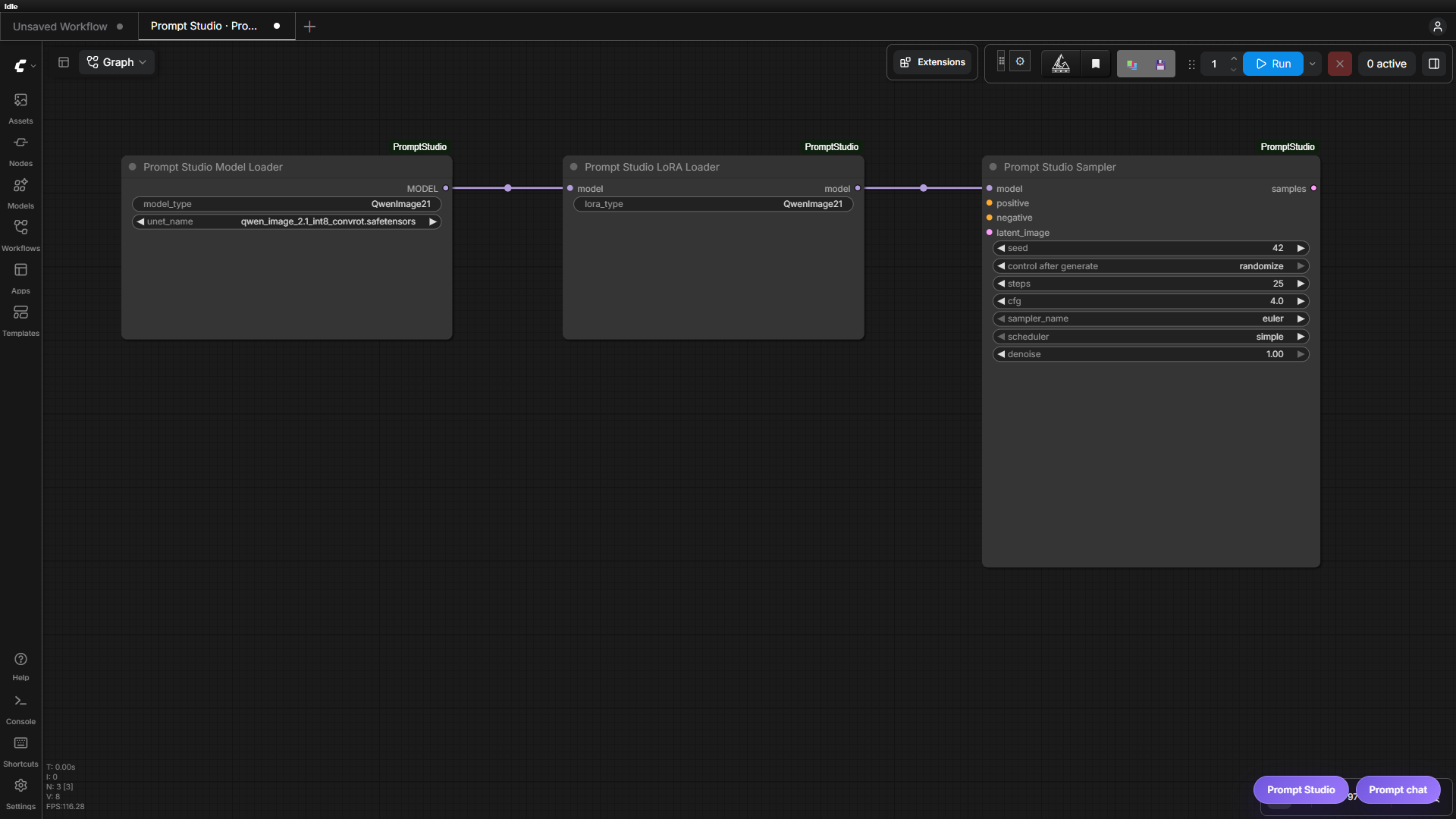 Prompt Studio Model Loader, LoRA Loader and Sampler connected on the ComfyUI canvas