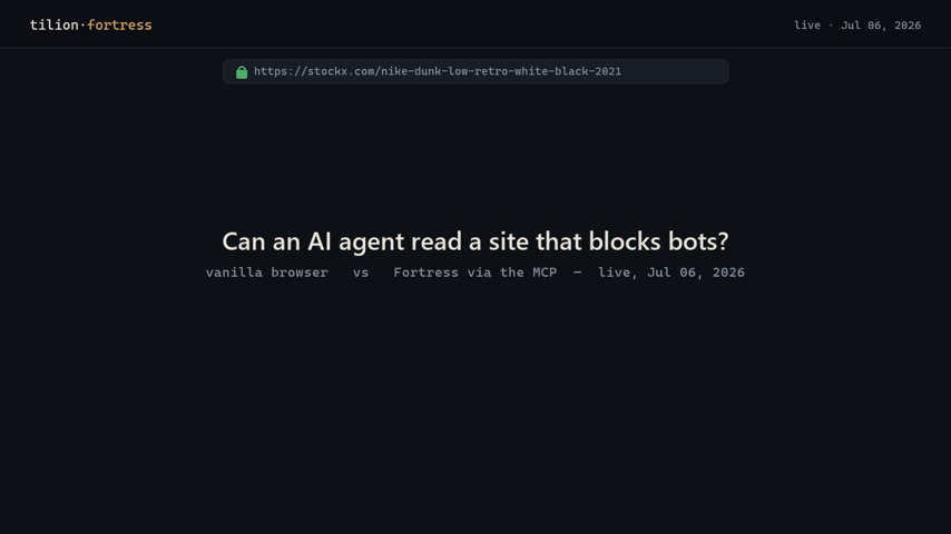 Same site, same prompt: a vanilla browser is blocked by PerimeterX while an agent with the Fortress MCP returns clean JSON