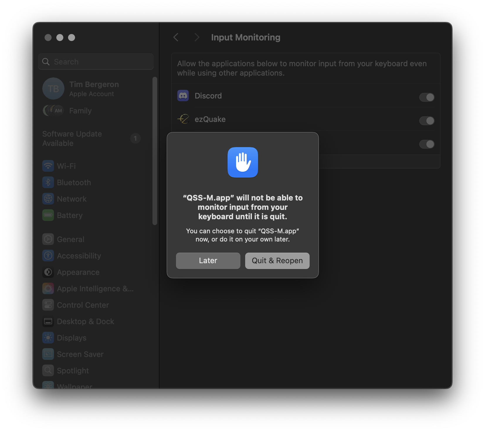Dialog offering Later or Quit & Reopen for Input Monitoring access