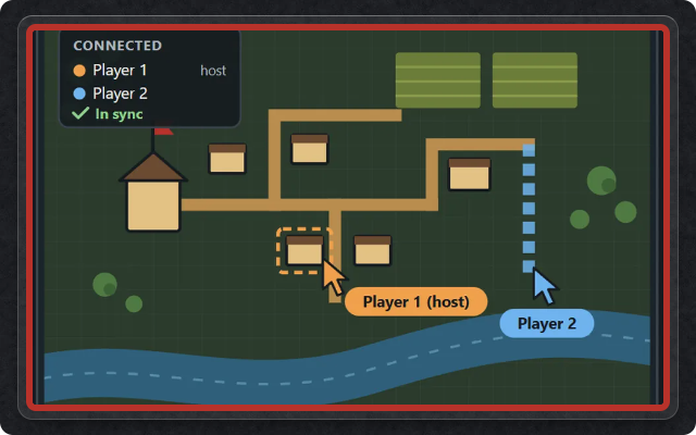 A shared colony map with two players' cursors and an In sync panel