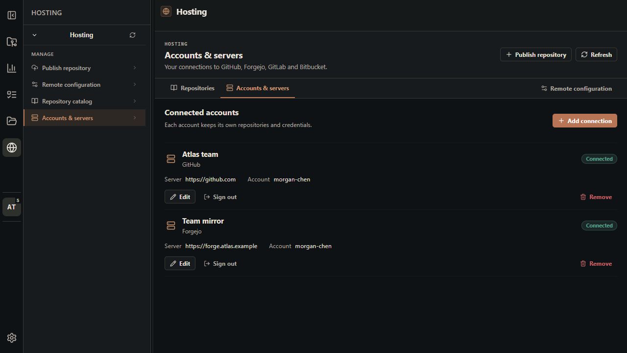 Hosting account management with separate GitHub and Forgejo connections and their server addresses