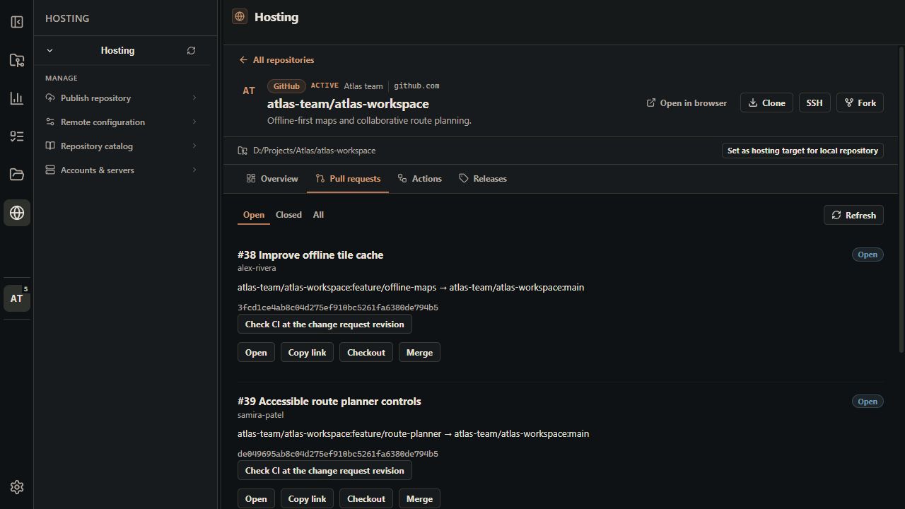 Hosting view with fictional Atlas pull requests and connected provider accounts