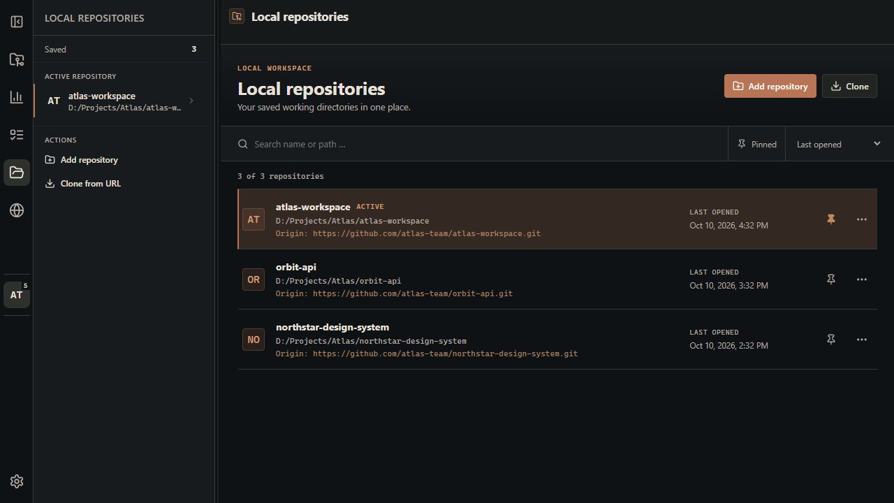 Local Repositories with saved Atlas projects, a pinned active repository and open/clone actions