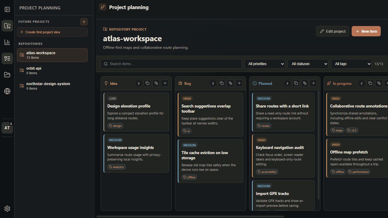Atlas project planning board with priorities, descriptions and status columns