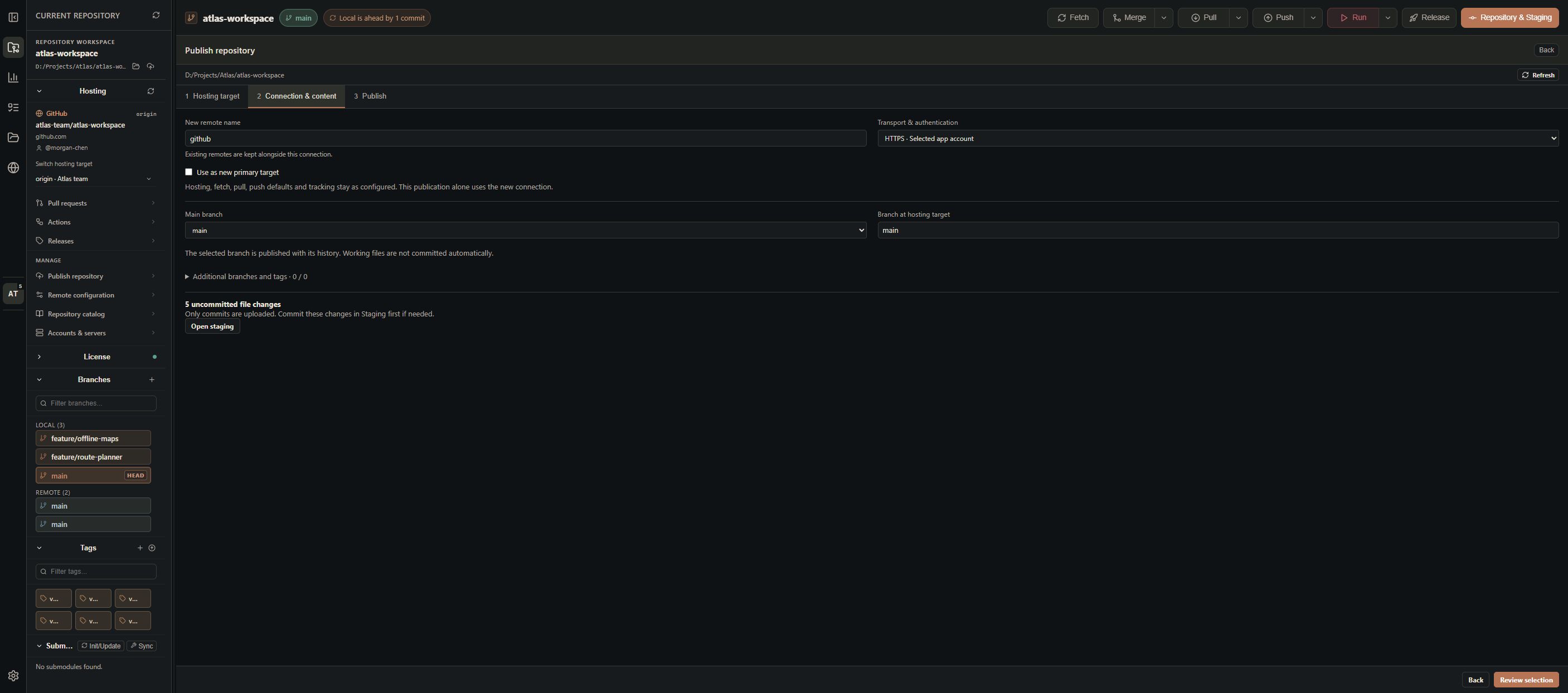 Publish repository wizard with remote, authentication and branch selections